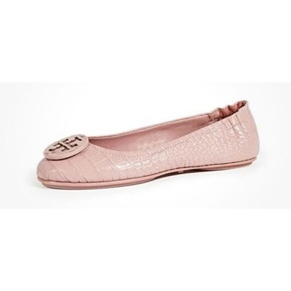 Tory Burch MINNIE Travel Rosa Ballet Flats Logo Pink Croco Embos Shoe Size 8 - Picture 3 of 11